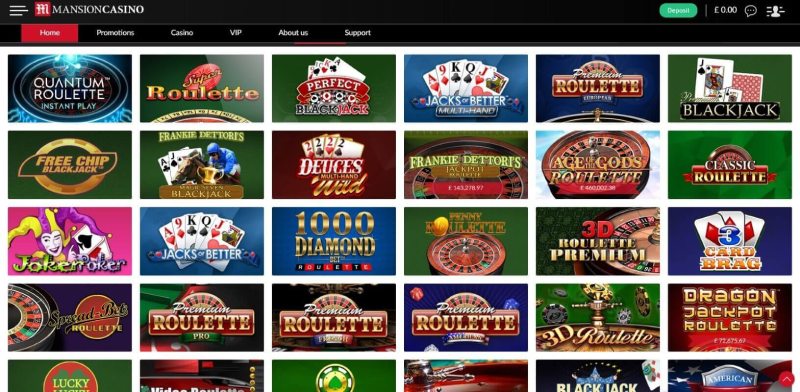 Game choice at Mansion online casino