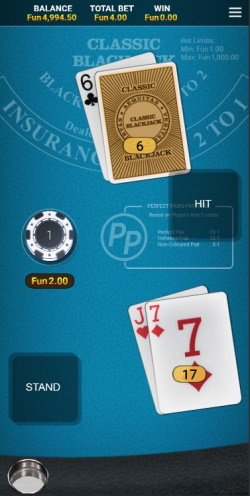 Blackjack Perfect Pairs on a mobile device