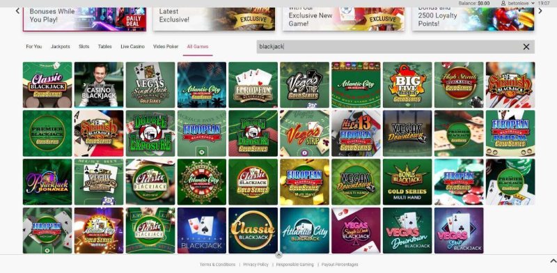 Game choice at Spin Palace online casino